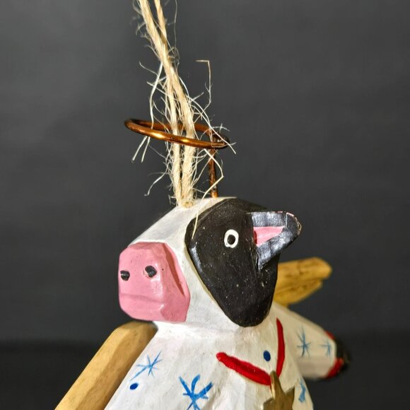 Vintage Wooden Wood Folk Art Primitive Cow Angel Christmas Ornament Black White - Picture 7 of 10